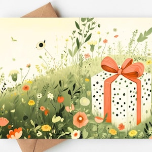 Boîte cadeau fantaisiste carte de voeux - carte florale d'anniversaire ou de célébration vierge à l'intérieur, cadeau à pois dans une prairie, carte nature 5 x 7