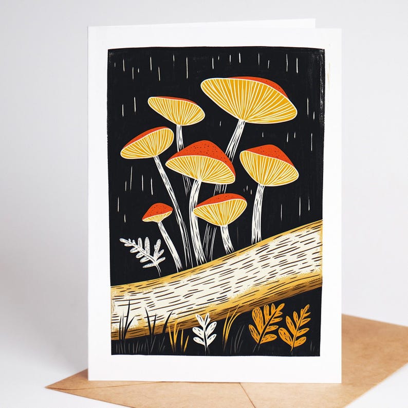 Folk art mushroom greeting card, linocut style
