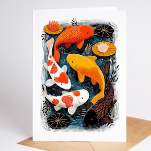 Folk art koi fish pond note card