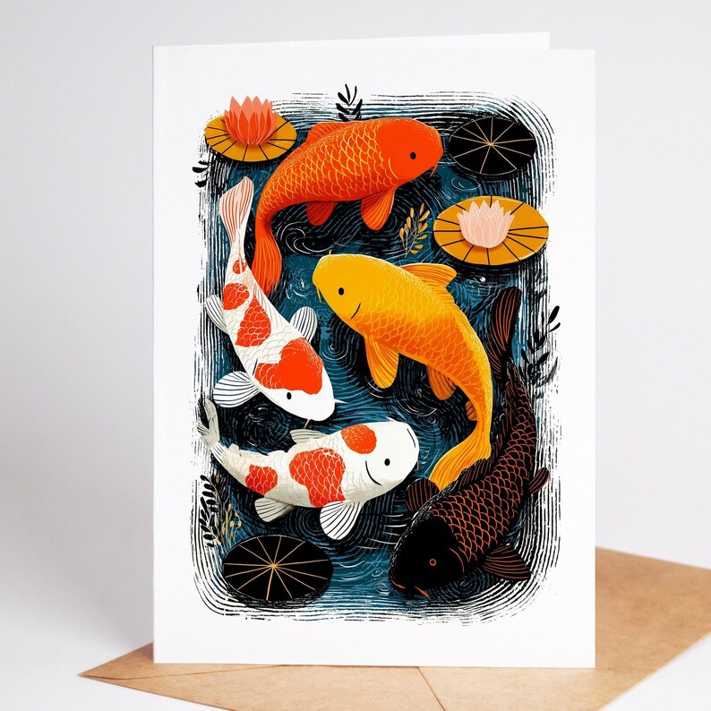 Folk art koi fish pond note card