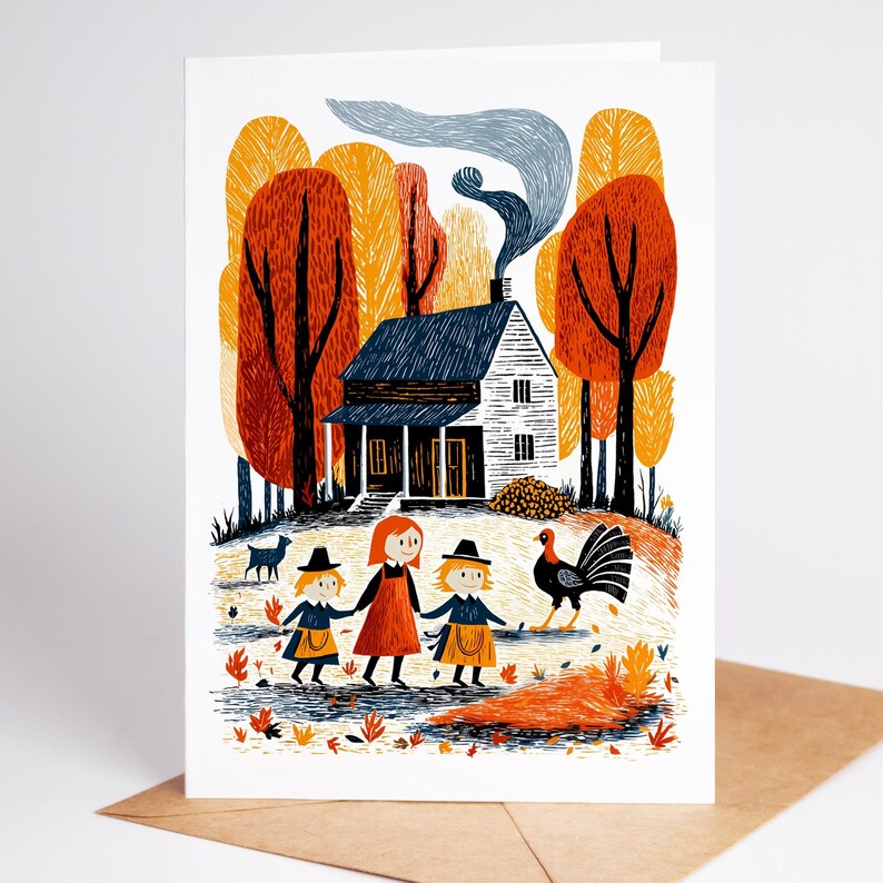 K&ouml;nnte beinhalten: Gru&szlig;karte mit einer herbstlichen Illustration. Das Bild zeigt ein Haus mit blauem Dach und wei&szlig;en W&auml;nden, umgeben von orangefarbenen und gelben B&auml;umen. Drei Figuren halten sich an den H&auml;nden, mit einer Pute und einem Hund im Vordergrund.