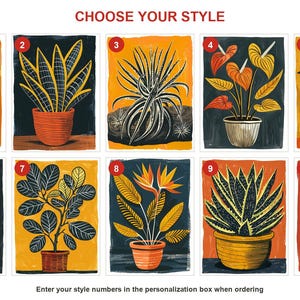 All ten houseplant greeting card designs numbered one to ten for choosing