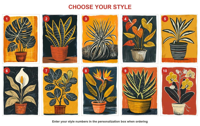 All ten houseplant greeting card designs numbered one to ten for choosing