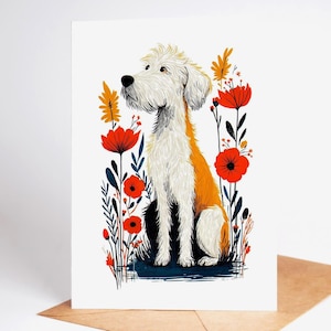 May include: A greeting card with a dog illustration. The dog has white and orange fur and is surrounded by red and orange flowers. The artwork is a stylized depiction of the dog and floral elements.