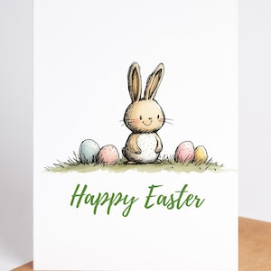 Tarjeta de conejito de Pascua dibujada a mano / Linda tarjeta de felicitación de Pascua en acuarela / Tarjeta de vacaciones de primavera / Ilustración de conejo de Pascua / Tarjeta con huevo pastel