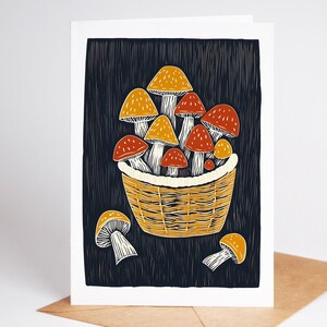 Folk art mushroom greeting card, linocut style