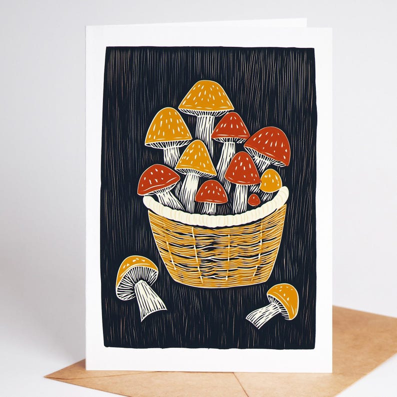 Folk art mushroom greeting card, linocut style