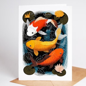 Folk art koi fish pond note card