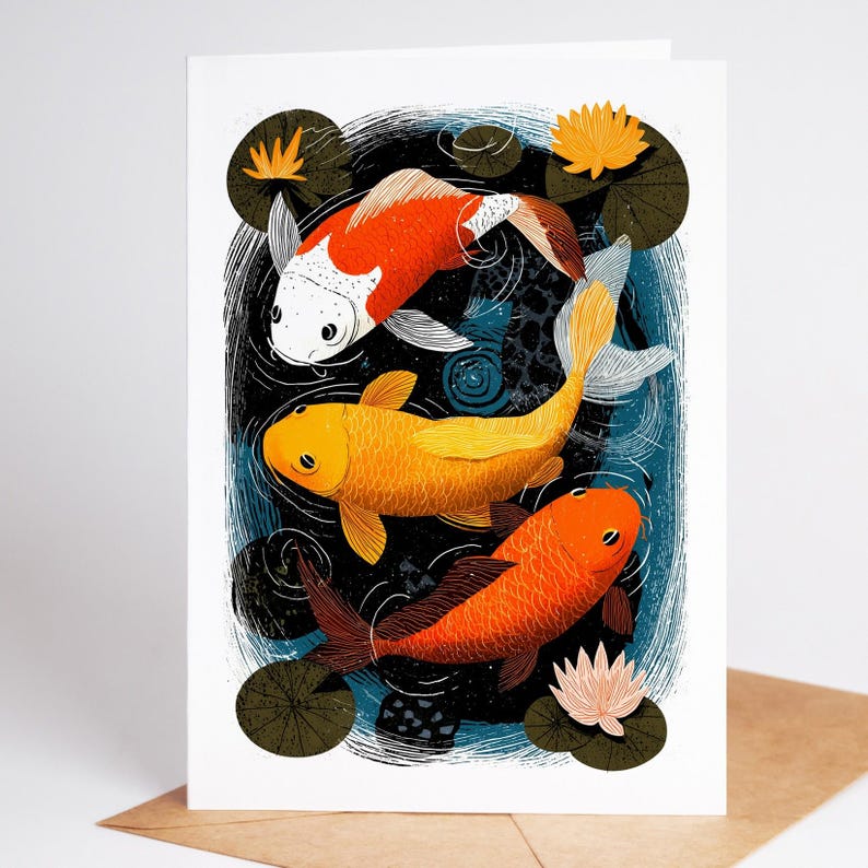 Folk art koi fish pond note card