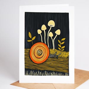 Folk art mushroom greeting card, linocut style