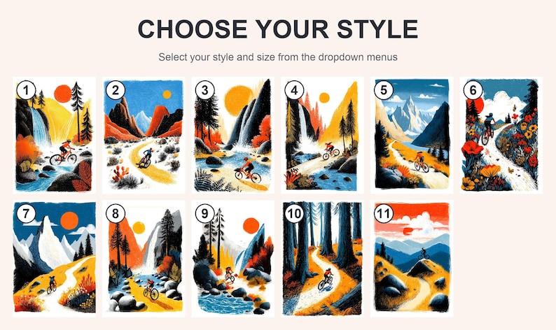 Pu&ograve; includere: Una guida alla selezione intitolata CHOOSE YOUR STYLE con l'istruzione Select your style and size from the dropdown menus. Mostra undici illustrazioni numerate di scene di mountain bike con paesaggi vivaci, foreste e soli.