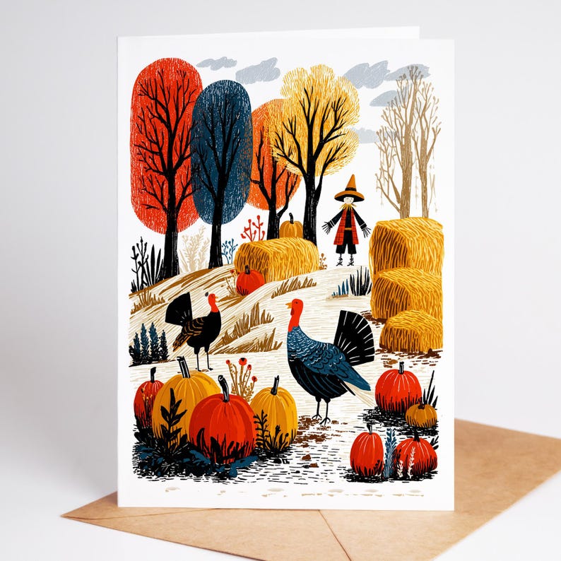 K&ouml;nnte beinhalten: Herbstliche Gru&szlig;karte mit einer farbenfrohen Illustration einer Ernteszene. Das Bild zeigt K&uuml;rbisse, Truth&auml;hne, Heuballen und B&auml;ume in Rot-, Orange- und Gelbt&ouml;nen. Im Hintergrund ist eine Vogelscheuche zu sehen.