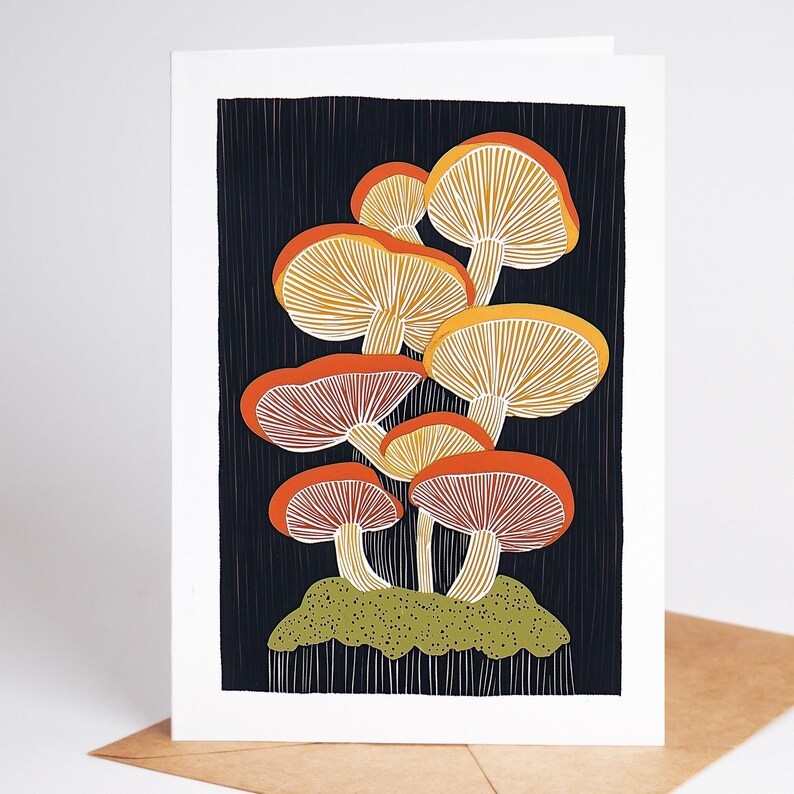 Folk art mushroom greeting card, linocut style