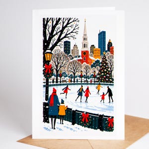 Boston Christmas card standing with envelope, skaters on the Frog Pond at Boston Common under holiday lights