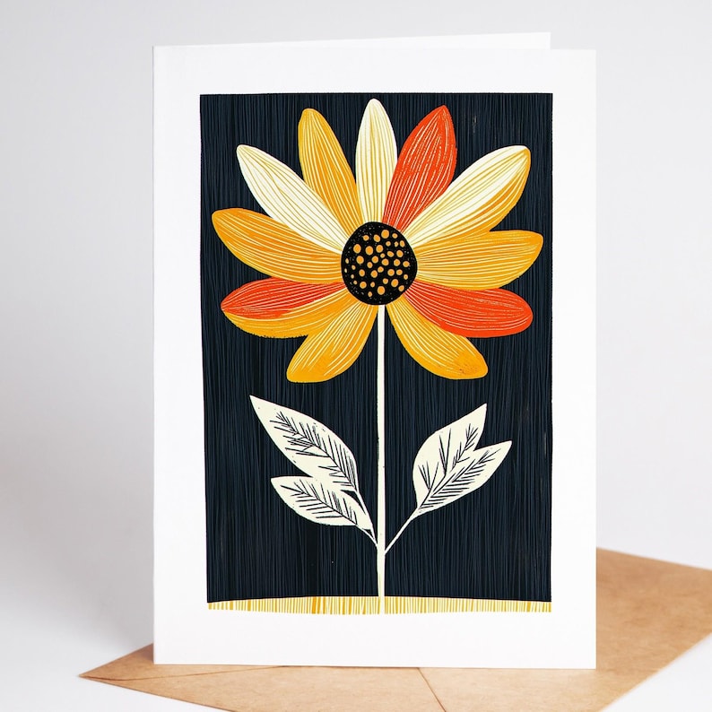 Mid century modern folk art flower greeting card