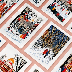 Ten Boston Christmas cards arranged in a grid, the full set of folk art city designs