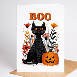 Halloween Black Cat Cards Set of 10 | Boo Jack-o-Lantern Note Cards | Spooky Block Print Style Folk Art | Blank Inside with Envelopes