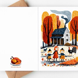 K&ouml;nnte beinhalten: Gru&szlig;karte mit einer Illustration eines Hauses, B&auml;umen und drei Kindern. Die Karte ist ge&ouml;ffnet, mit einer gebratenen Pute auf der linken Seite. Die Karte befindet sich in einem braunen Umschlag.