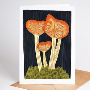 Folk art mushroom greeting card, linocut style