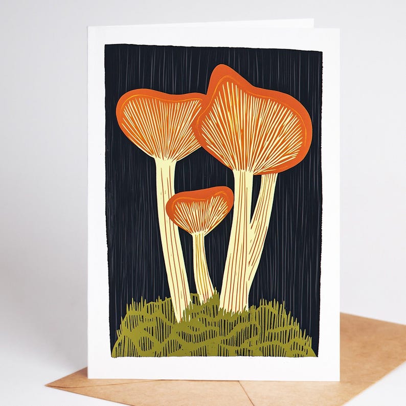 Folk art mushroom greeting card, linocut style