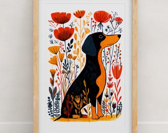 Dachshund Floral Art Print: Botanical Dog Illustration, Modern Folk Art Wall Decor, Dachshund Gift, Dog Lover Poster