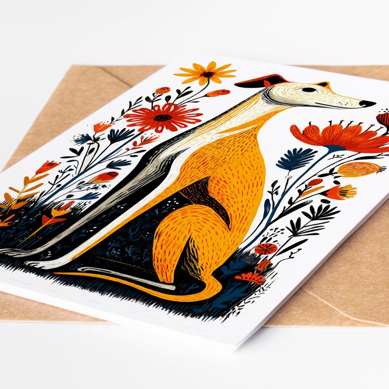 May include: A white greeting card featuring a stylized illustration of a yellow and white dog sitting among vibrant orange, red, and dark blue flowers. The dog has a long neck and is surrounded by botanical elements on a plain white background.