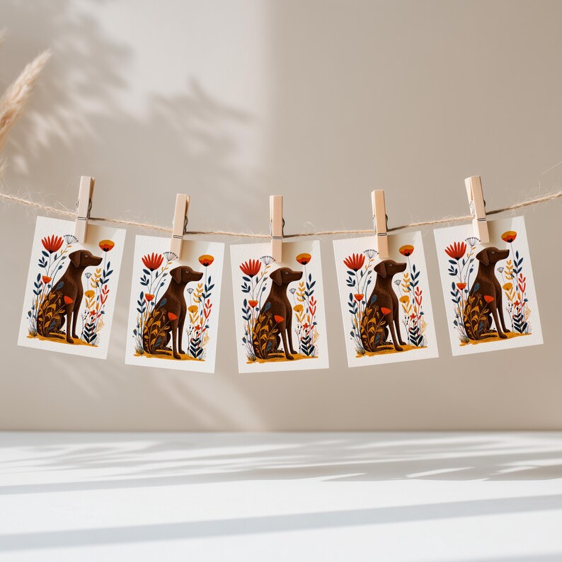 May include: Five identical rectangular cards hanging from a twine string with wooden clothespins. Each card features a brown dog sitting among stylized red, orange, and blue flowers and foliage on a cream background, creating a repeating pattern.