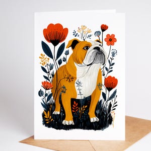 Carte de voeux bouledogue Note pour amoureux des chiens – Art populaire floral bouledogue anglais 4,25 x 5,5 vierges Papeterie d'anniversaire et de remerciement