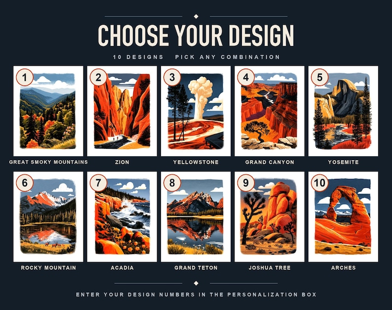 Choose your design, numbered national park styles