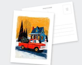 Christmas Postcards Set of 20, 10 Folk Art Winter Village Designs, Sleigh Ride, Snowman & Carolers Holiday Postcards, Linocut-Style