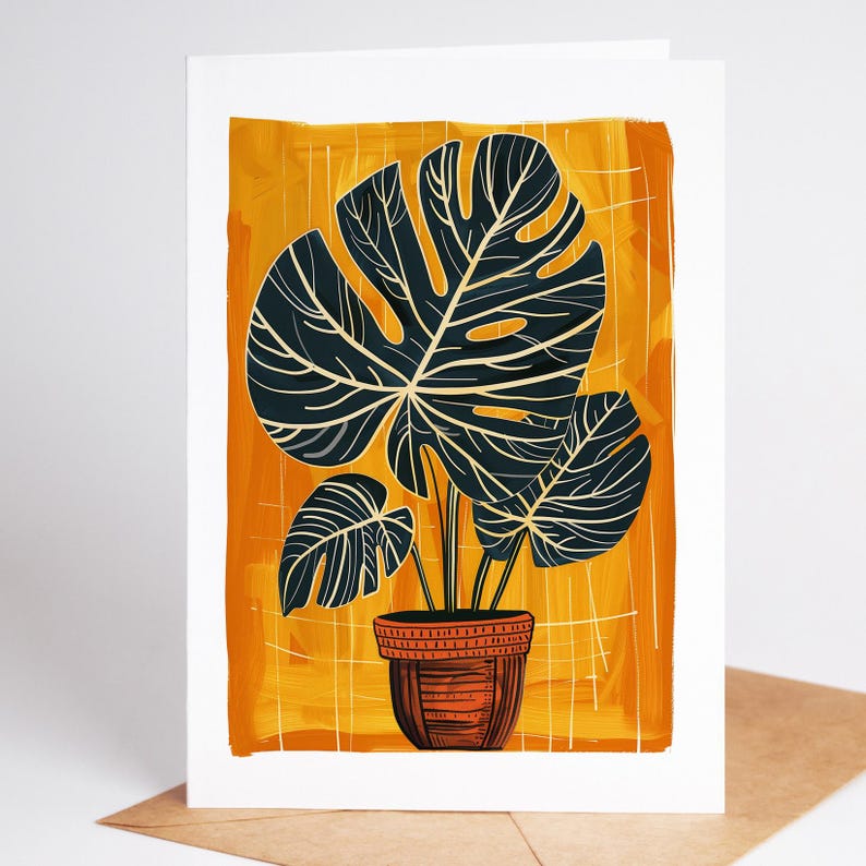 Monstera folk art greeting card standing upright with a kraft envelope