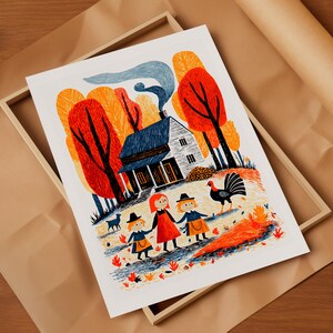 Thanksgiving farmhouse print with a turkey and fall trees in a gift box on kraft paper