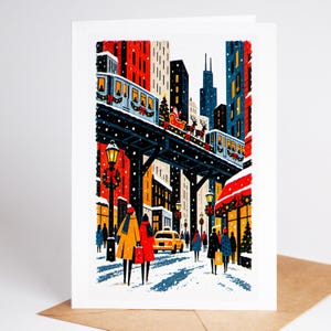 Chicago Christmas card standing upright, the holiday train lit up above the Loop