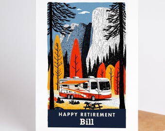 Retirement Card, Personalized Happy Retirement Card with Custom Name, RV Camper Retirement Gift for Her or Him, Blank Inside Card
