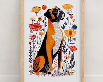 Boxer Floral Art Print: Botanical Dog Illustration, Modern Folk Art Wall Decor, Boxer Gift, Dog Lover Poster