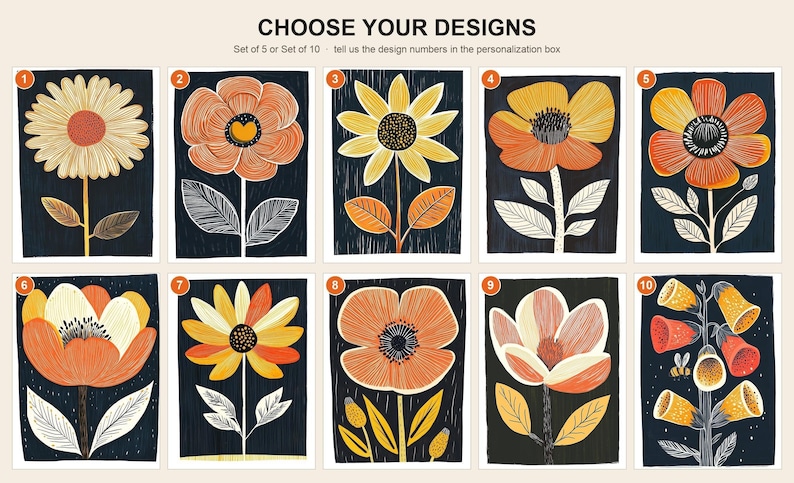 Mid century modern folk art flower greeting card