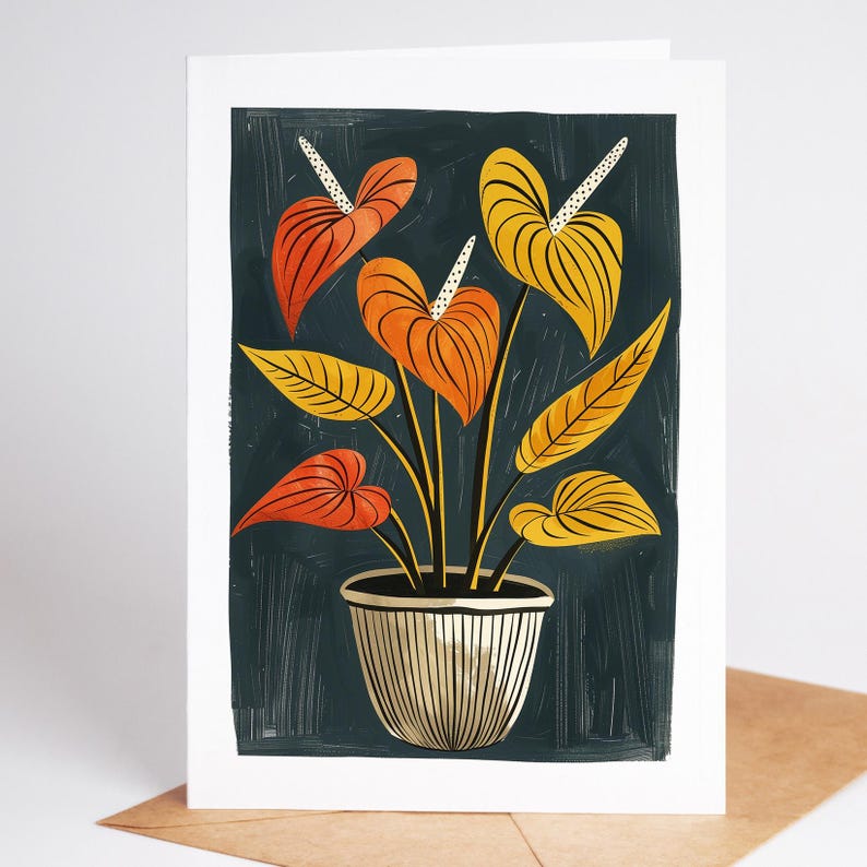 Anthurium folk art note card with red heart shaped blooms on a navy background