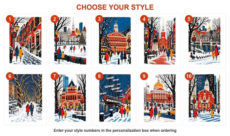 Style guide showing all 10 Boston Christmas card designs numbered 1 to 10