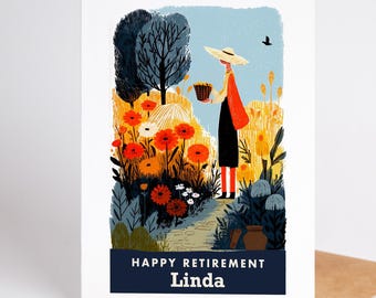 Retirement Card, Personalized Happy Retirement Card with Custom Name, Gardening Retirement Gift for Her, Blank Inside Card