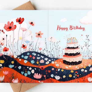 wunderliche Geburtstagskarte mit Kuchen und Blumen | 5x7 Blumen Geburtstag Grußkarte | Von der Natur inspirierte Geburtstagskarte für Sie oder Ihn