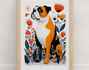English Bulldog Floral Art Print: Botanical Dog Illustration, Modern Folk Art Wall Decor, English Bulldog Gift, Dog Lover Poster