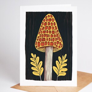Folk art mushroom greeting card, linocut style