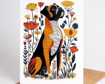 Boxer Greeting Cards Set of 8 | Floral Dog Note Cards 4.25x5.5 | Hand-Drawn Boxer Illustration | Blank Pet Lover Stationery