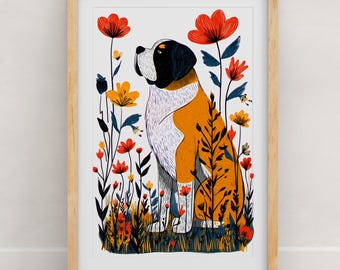 St Bernard Floral Art Print: Botanical Dog Illustration, Modern Folk Art Wall Decor, St Bernard Gift, Dog Lover Poster