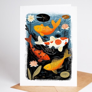 Folk art koi fish pond note card