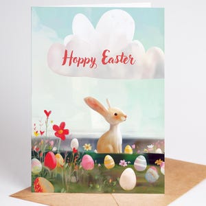 Tarjeta de felicitación de Pascua hecha a mano / Tarjeta con un conejito y huevos de Pascua / Linda tarjeta de primavera con un conejo / Tarjeta de vacaciones de Pascua caprichosa
