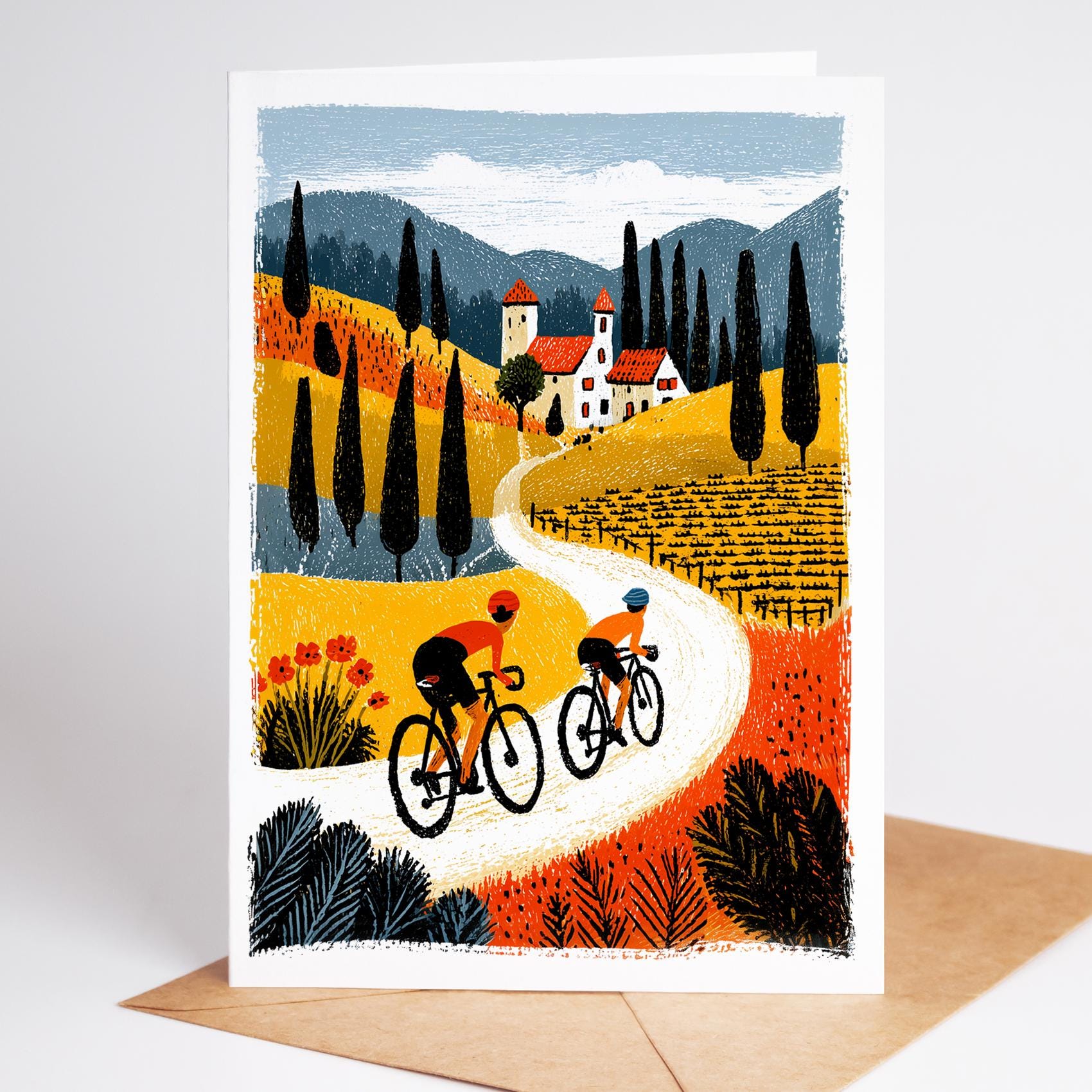 Cycling Note Cards Set of 10, Cyclist Gift, Bicycle Racing Greeting Cards, Cyclist Birthday & Thank You, Road Bike, Folk Art