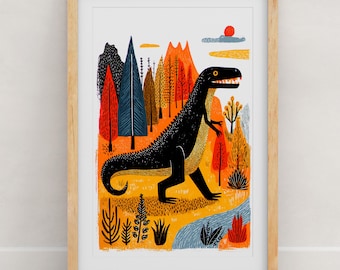 Dinosaur Art Print | Kids Room Dino Wall Art | Folk Art Nursery Poster | T-Rex Triceratops Stegosaurus | 8x10 or 11x14