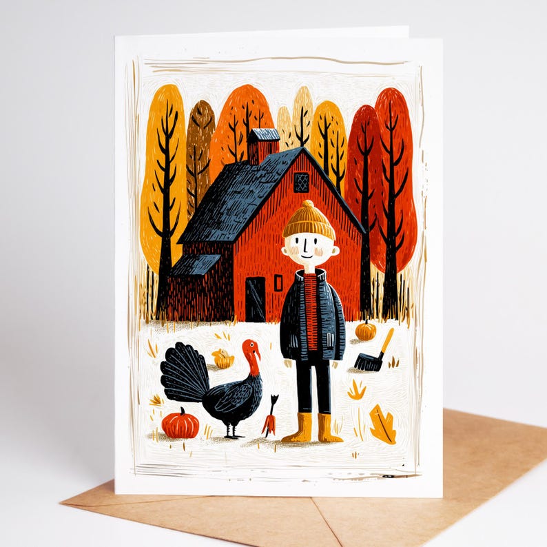 K&ouml;nnte beinhalten: Eine Gru&szlig;karte mit Herbstthema. Die Illustration zeigt eine rote Scheune, eine Person, einen Truthahn, K&uuml;rbisse und Herbstb&auml;ume. Die Person tr&auml;gt eine schwarze Jacke, orangefarbene Stiefel und eine gelbe M&uuml;tze. Die Karte befindet sich auf einem braunen Umschlag.