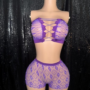 EXOTIC DANCEWEAR- PURPLE Stoned Laceup 2 Piece Set - Stripperwear- dancewear - stripper - exotic dancer- stripper outfits by @ExoticBarbieCo